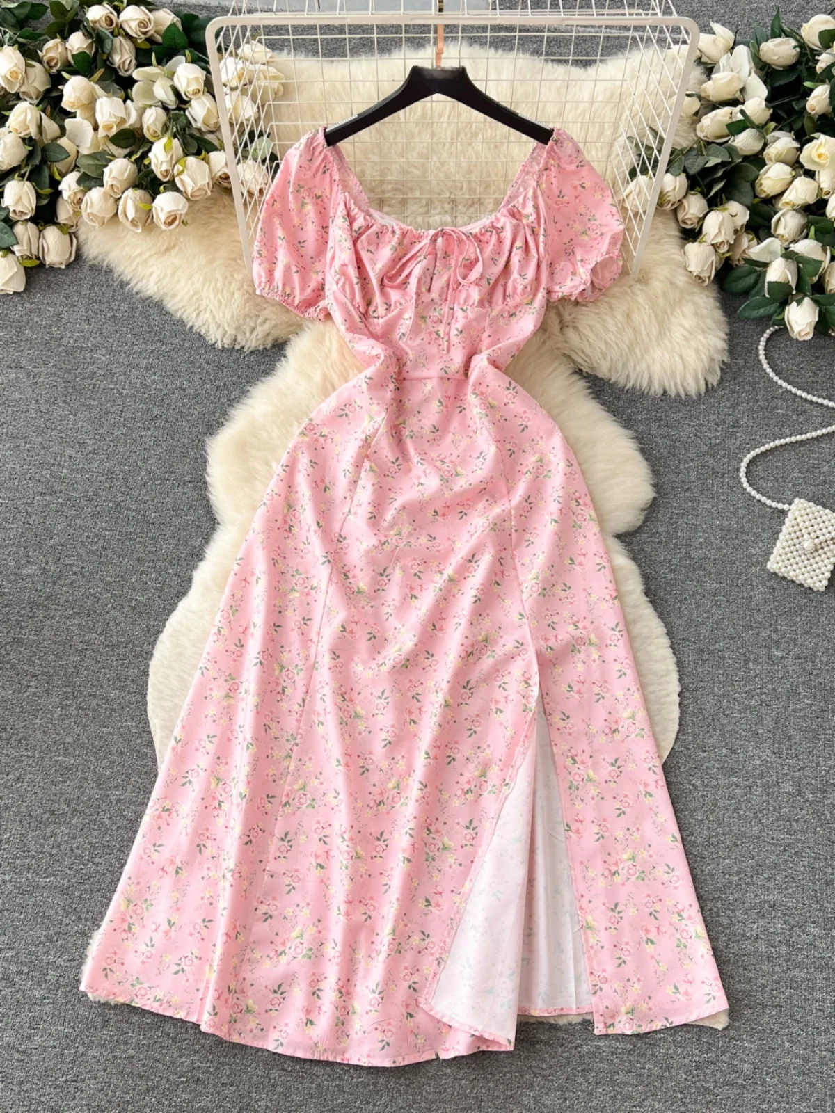 Vestido largo romántico con estampado Floral para mujer, falda acampanada con diseño de abertura y manga de burbuja, e...