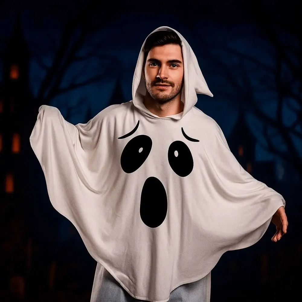 

White Halloween Cloak Cape Fright Clothes Black Eye Ghost Poncho Robe Fancy Dress with Hat Pumpkin Cloak Festival Event