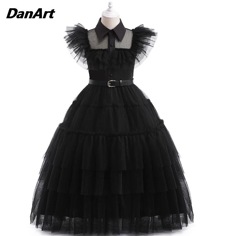 Girls' Black Cake Dress Party Fairy Elegant Evening Gown Children Mesh  Cosplay Princess Costumes Prom Performance Puffy Dress