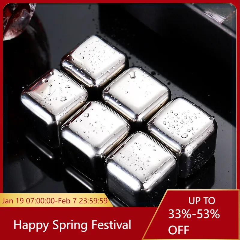 6Pcs Stainless Steel Ice Block Set with Ice Clamp Reusable Ice Stones Whiskey Wine Cooling Cube Bartenders Tools Accessories
