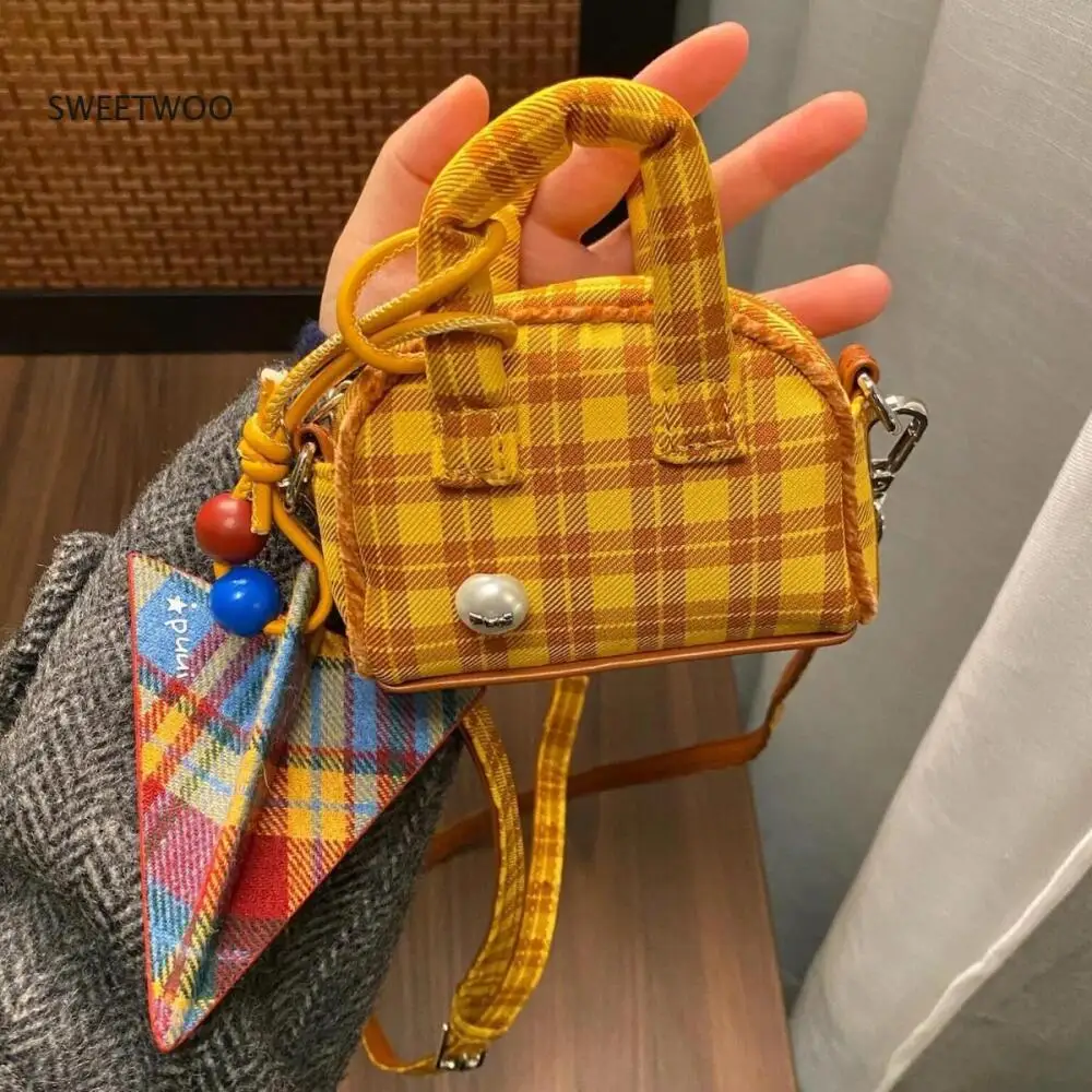 Kawaii Tiny Plaid Shoulder Bag, Small Yellow Check Handbag with Removable Charm