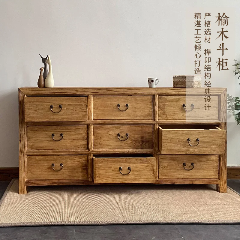 

Old elm drawer cabinet solid wood cabinet retro locker living room home old door panel nine bucket storage cabinet Chinese style