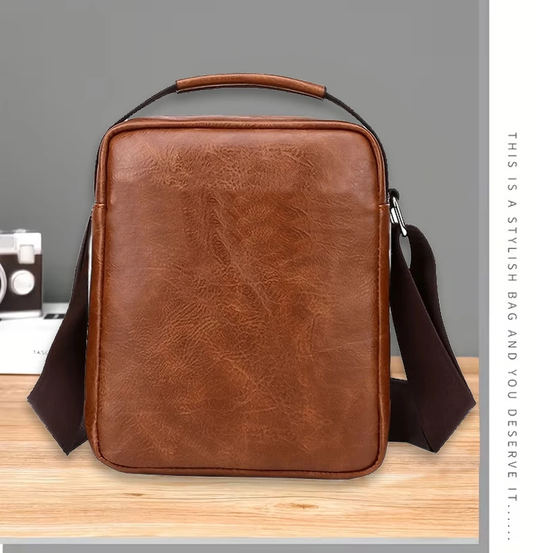 Breathable Lightweight Vintage Men's Shoulder Bag Stylish Zipper Leather Sling Purse for Work, Travel and Daily Commute