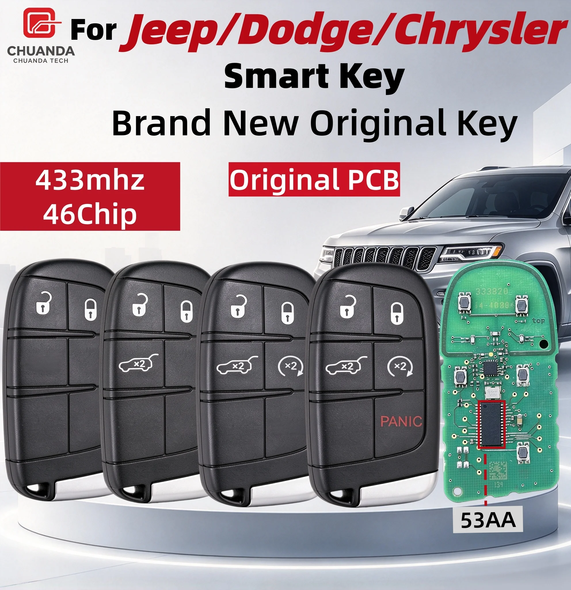 Original Factory Smart Key Suitable for Jeep, Dodge, Chrysler Smart Remote Keys, Brand New Original Factory, Original Factory Shell, Original Factory Motherboard, Id46 Chip 433Mhz