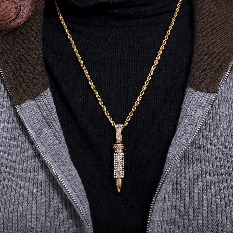 Cross-border hip-hop fashion European and American jewelry personalized chain diamond bullet case pendant necklace street dance