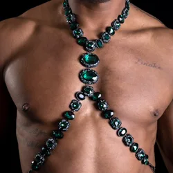 XSBODY Green Crystal Rhinestone Body Chain Harness Men Jewelry Punk Body Chain Collar Statement Bra Necklace Accessory Party