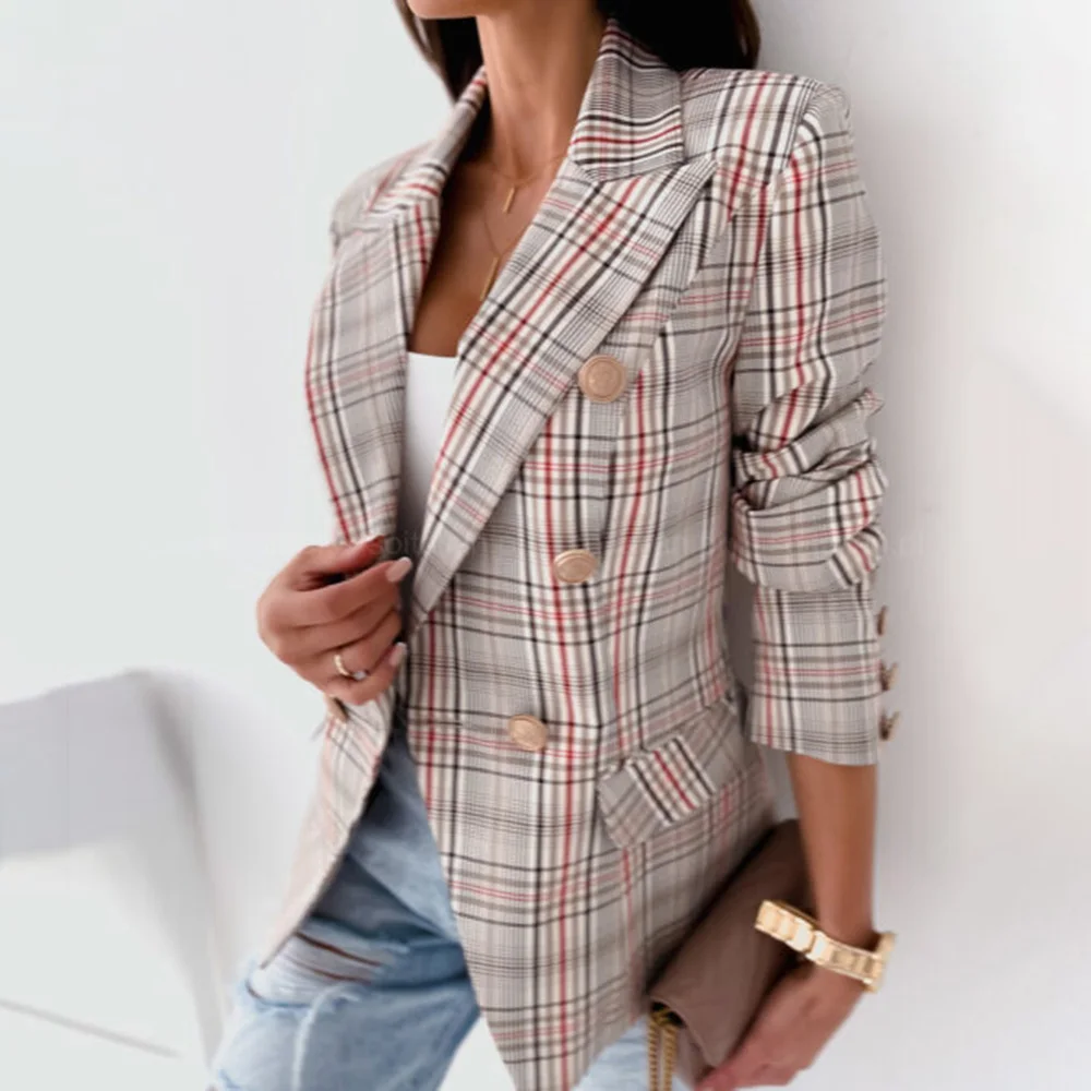 Plaid Blazer Jacket Women Spring Autumn Long Sleeve Casual Slim Thin Blazers Khaki Woman Coats 2024 Elegant Office Suit Coat Za