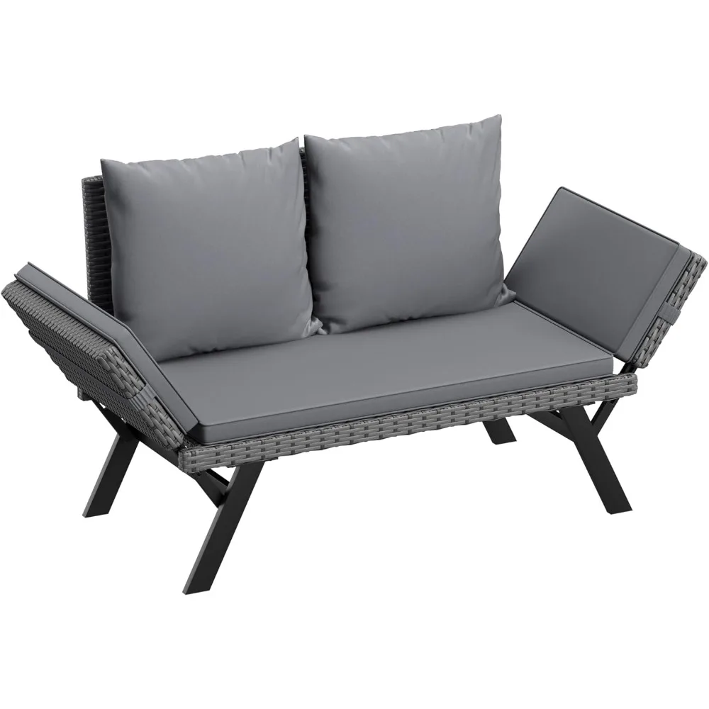 

Outdoor Convertible Sofa, Woven Rattan Patio Furniture Sunbed with Adjustable Armrests, Removable Cushions and Pillows