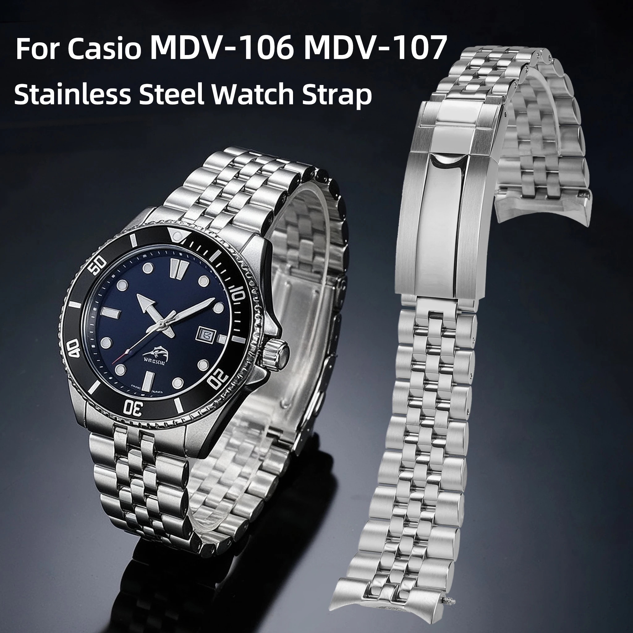 カシオ-デュロ-mdv-106-b-g、mdv-107-1a、mtp-vd01用-ステンレススチール製腕時計バンド。金属製ブレスレット。mdv106、mdv107対応。メンズ用。22mm。