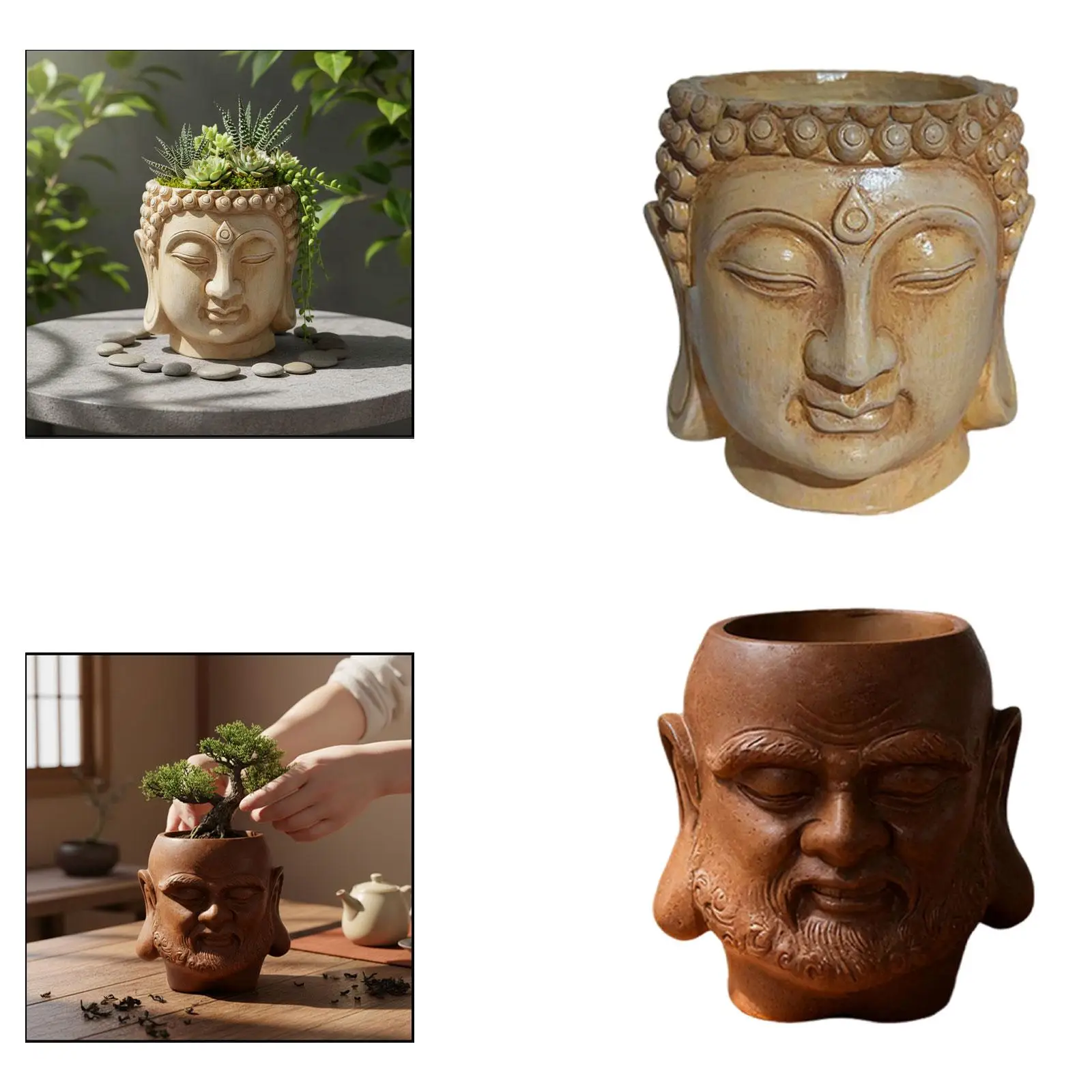 Buddha Head Flower Pot Traditional Outdoor Ornaments Sculpture Gift Bonsai