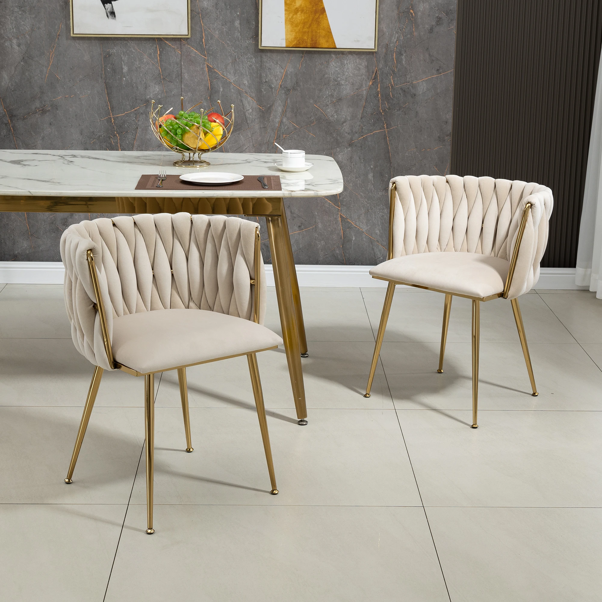 Chaises - Chaises modernes avec dossier tressé à la main, assise rembourrée, pieds en métal doré, lot de 2, ivoire