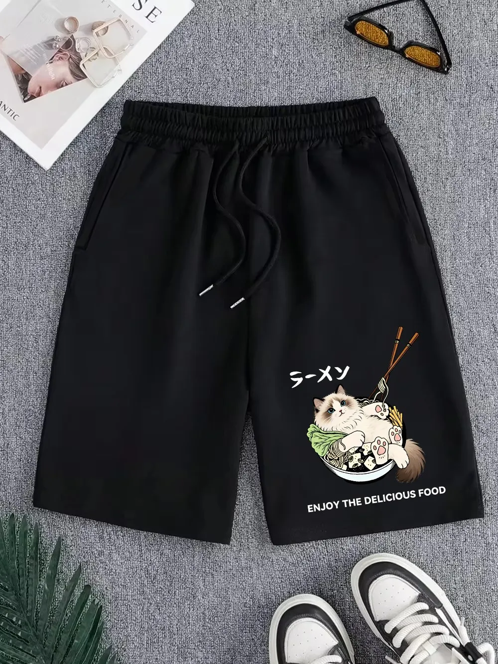 

Cat Ramen Enjoy Delicious Food Pants Mens Basics High Waisted Wide Sporty Shorts Summer Oversized Shorts Casual Pocket Clothes