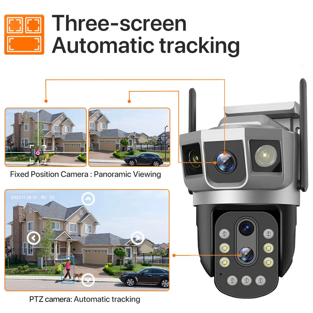 4G IP Camera With 4G Sim Card 12MP 6K Triple Screens Optical Zoom PTZ Motion Detect Color Night Vision V380 Pro Security Monitor