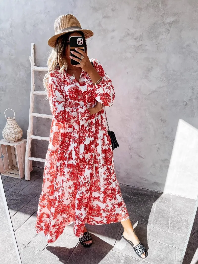 

Women's New V-neck Fashion Casual Dress Soft Home Country Style Dress Loose Long Sleeve Dress Long Style