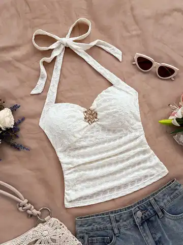 Soleia Vacation V-Neck Flower Metal Buckle Strap White Knit Texture Fitted Women Tank Top, Suitable For Music Festival, Boho, Holiday, Date, Afternoon Tea