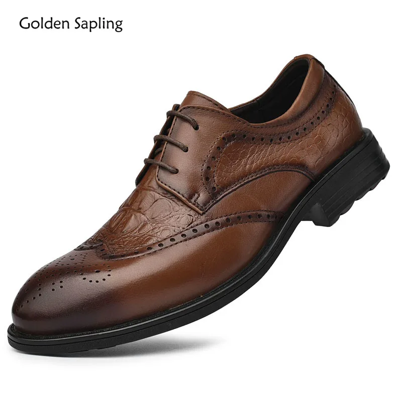 

Golden Sapling Wedding Shoes for Men Genuine Leather Brogue Flats Dress Oxfords Elegant Men's Formal Business Shoe Casual Loafer