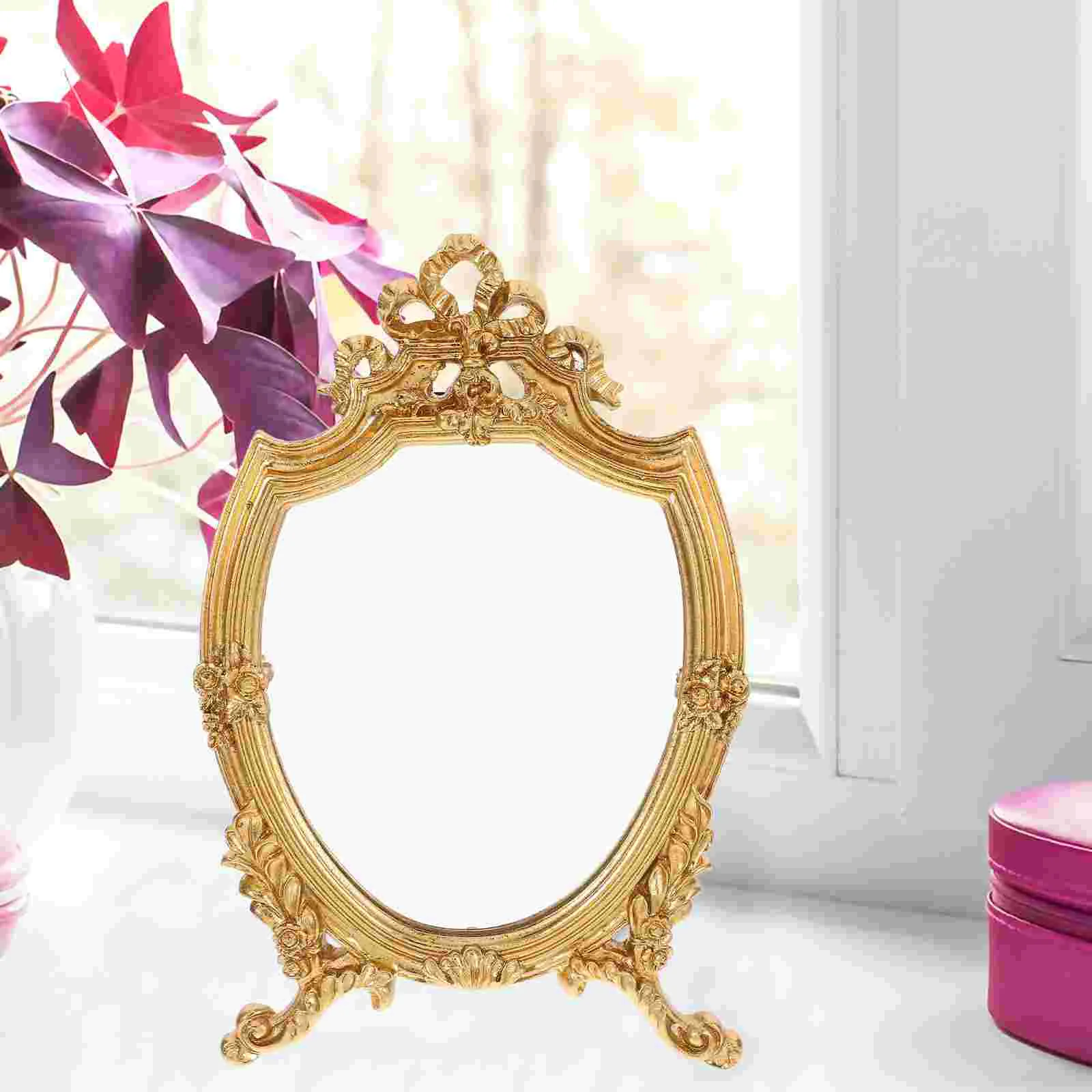 

Portable Makeup Mirror European Style Dressing Gold Desk Vintage Frame Retro Tabletop