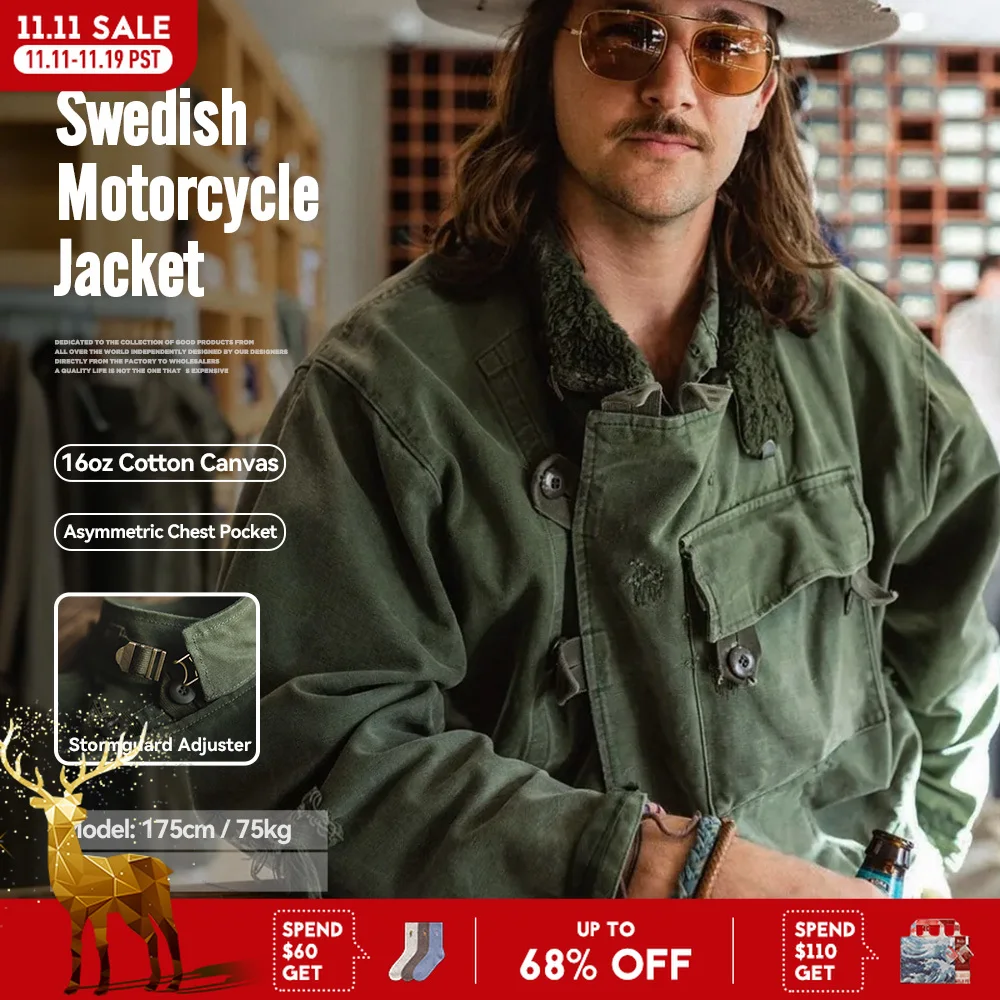 Maden Retro 16oz lona sueca motocicleta chaqueta verde bolsillo chaqueta Bomber Casual caza trabajo prendas de vestir para hombres primavera y otoño