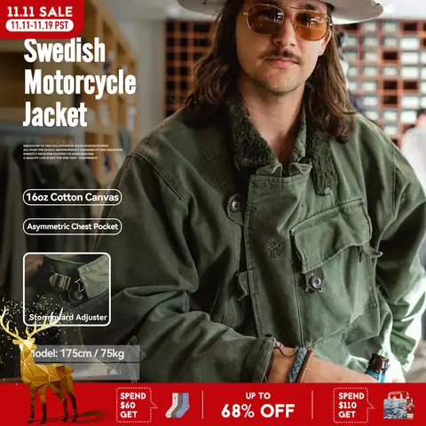 Maden Retro 16oz Canvas Swedish Motorcycle Green Jacket Pocket Bomber Jacket Casual Hunting Work Outwear for Men Spring and Fall