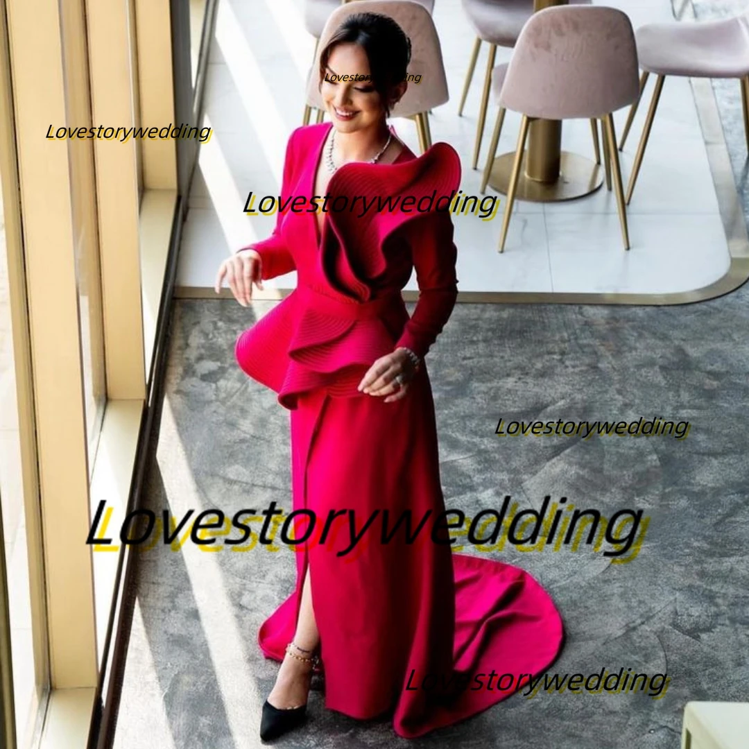 

Lovestory Sexy Plunging V Neck Prom Dresses Ruffles Long Sleeves Celebrity Party Dubai Arabia Vestidos Evening Formal Gowns