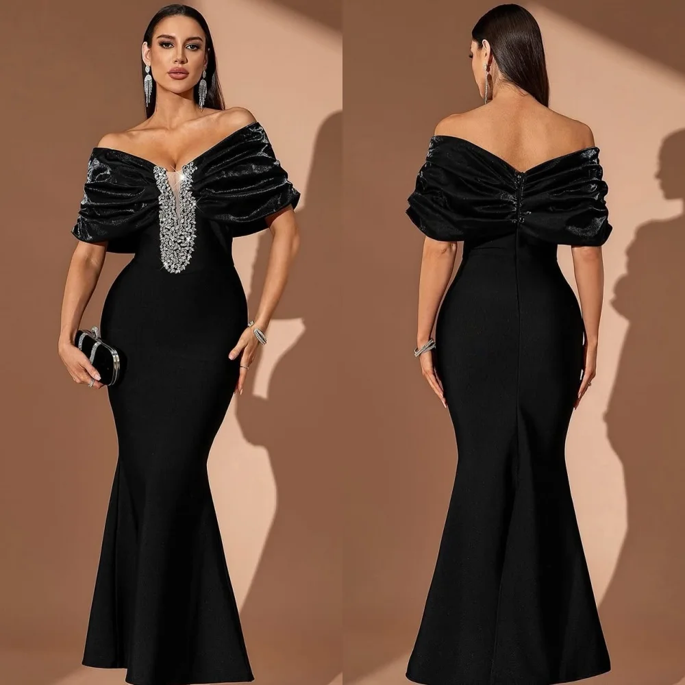 

Customized Elegant Fashion Jersey Rhinestone Pleat Mermaid Off-the-shoulder Ankle Length Dresses Bespoke Occasion Dresses Sexy