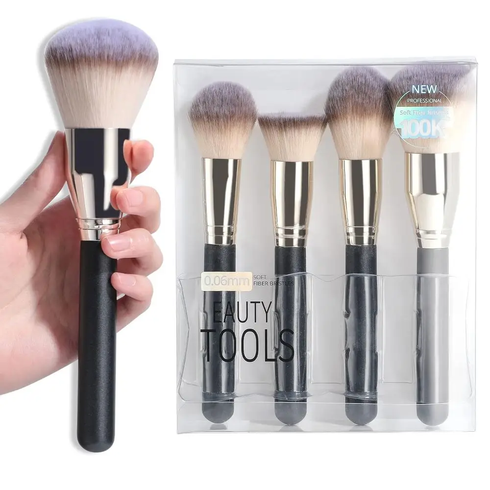 Compact 4-Piece Makeup Brush Set: Foundation, Powder, Blush Brushes for Daily Use (Black Silver)
