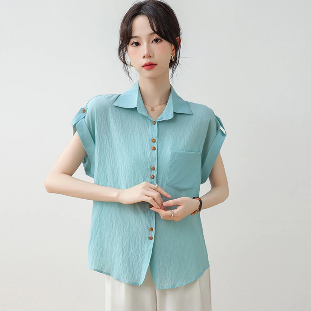 Women Summer Style Cotton Blouses Shirt Vintage Simple Solid Lady Casual Short Sleeve Turn-down Collar  Casual Loose Tops