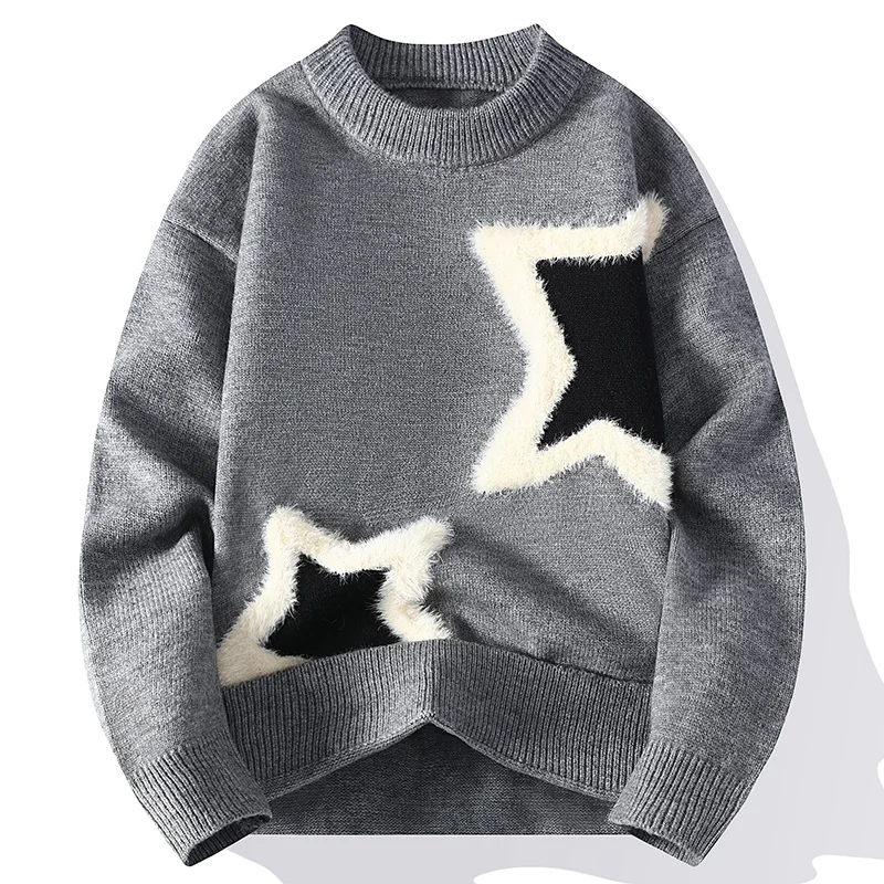 GIOIOMen's Sweater，2025Autumn and Winter New Five-Pointed Star Color-Block Crew Neck Anti-Pilling Fashion Casual Knitted Sweater