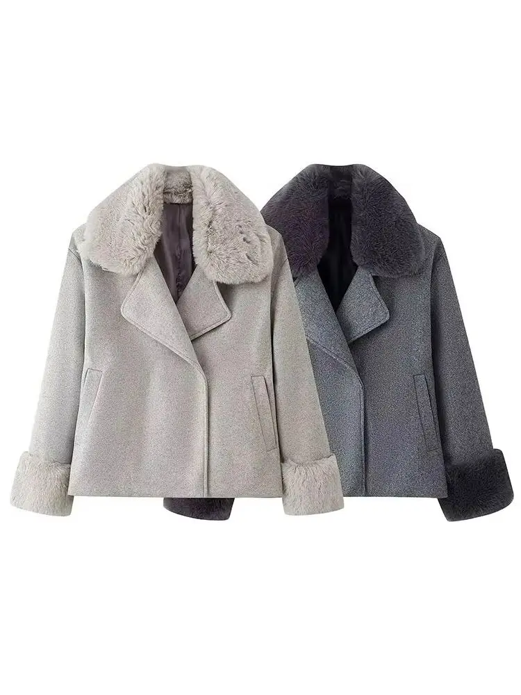 

HH Woman Fashion Winter Long Sleeves Faux Fur Trim Single Breasted Suit Lapel Short Jacket Female Leisure Street Style Overcoat
