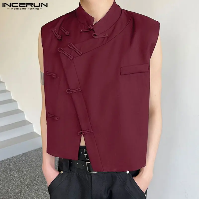 INCERUN Men Tank Tops Solid Color Stand Collar Sleeveless Button Vintage Men Clothing Streetwear 2024 Retro Casual Male Vests