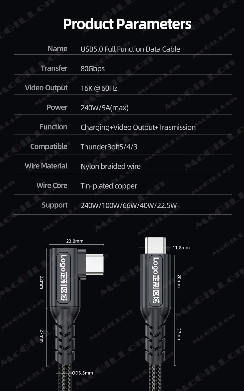 Ellenbogen Typ-C zu USB5.0 PD240W 80 Gbit/s Thunderbolt 5 Typ-C Kabel 16K 8K 48V/5A für iPhone 16 Pro Tablet Switch Laptop MacBook Pro – Detail 9