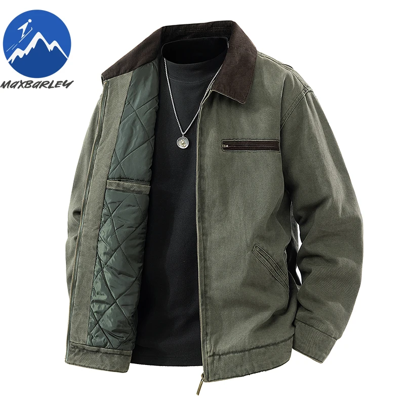 Men Quilted Jacket Vintage American Style Street Windproof Tooling Coat Casual Lapel Outdoor Riding Thickened Warm Winter Parka