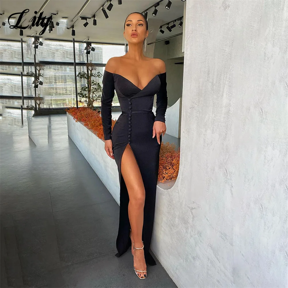 Lily Black Stain Mermaid Prom Dresses Off the Shoulder Full Sleeves robes de soirée V Neck Button Side Split Women Evening Dress