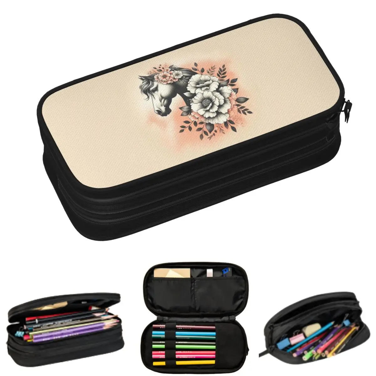 

Horses Surround The Flowers Pencil Cases for Student School Pen Box Pencil Bag Large Storage Pencil Pouch