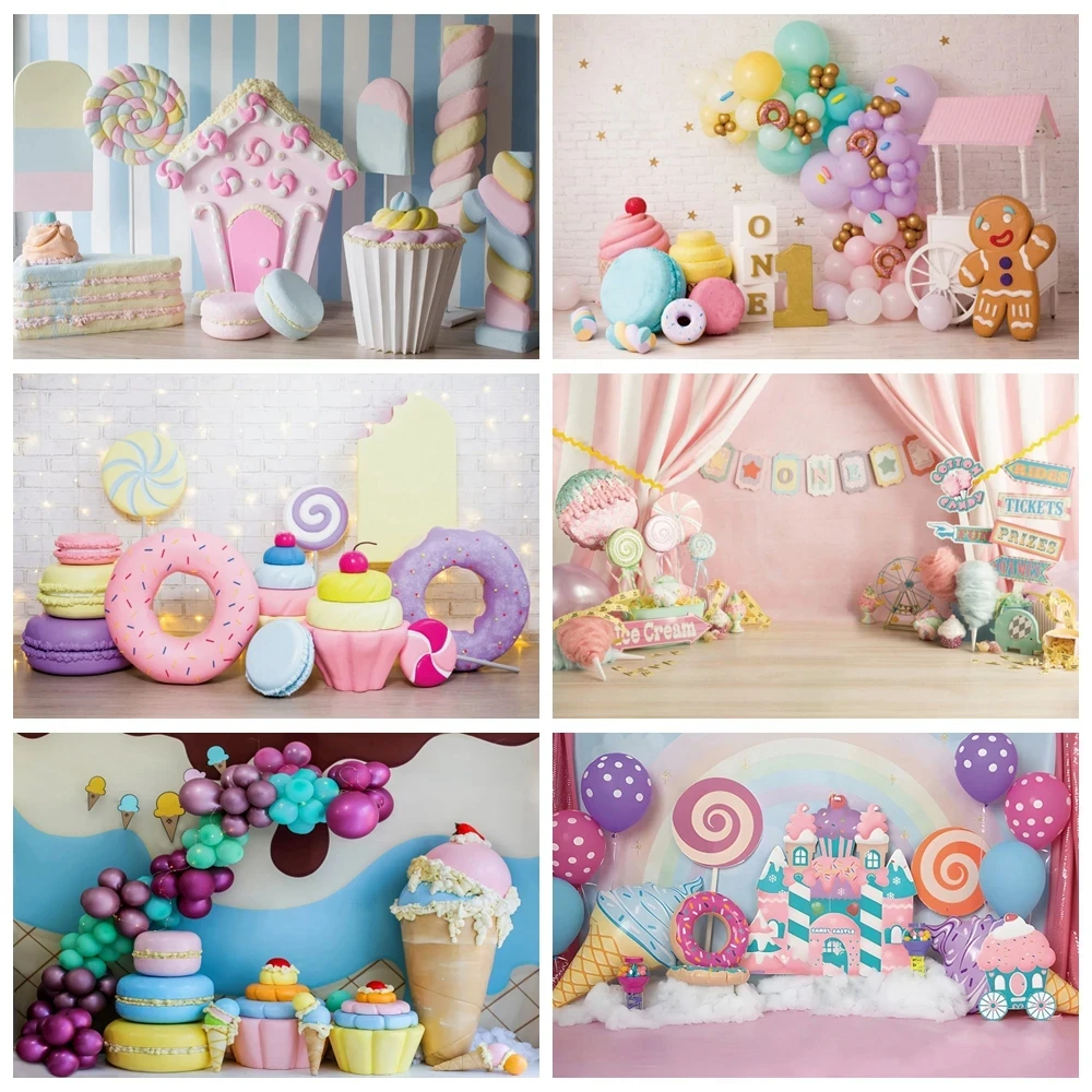 

Candy Bar Shop Backdrop for Photography Ice Cream Donuts Cupcake Lollipop Sweet Baby Birthday Party Background Kids Photo Studio