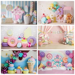 Candy Bar Shop Backdrop for Photography Ice Cream Donuts Cupcake Lollipop Sweet Baby Birthday Party Background Kids Photo Studio