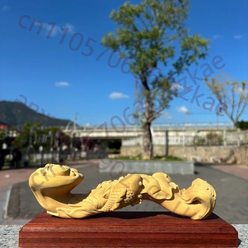 Hand-Carved Boxwood Fish & Ruyi Sculpture - 7.9