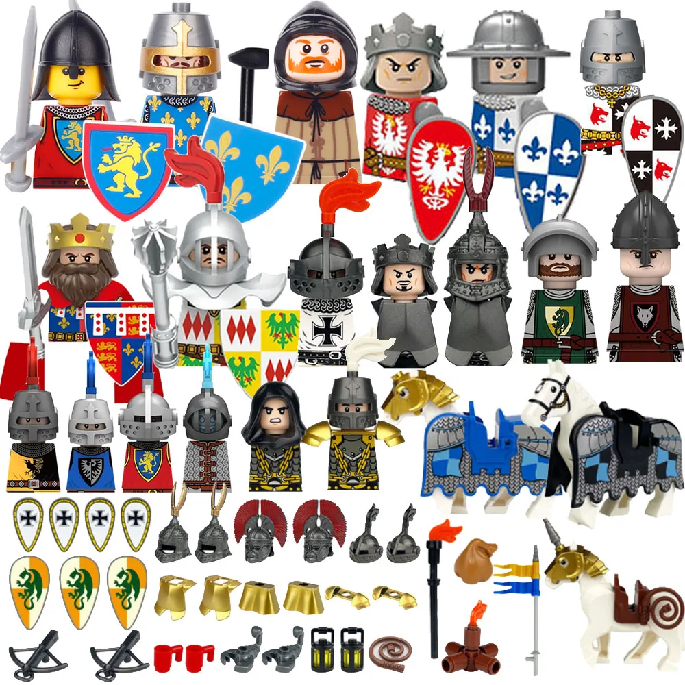 

Medieval MOC Castle Knight Soldiers Building Blocks Figure Greek Hoplite Weapons Armor Vest Shoulder Armour Horse Gifts Toy T010