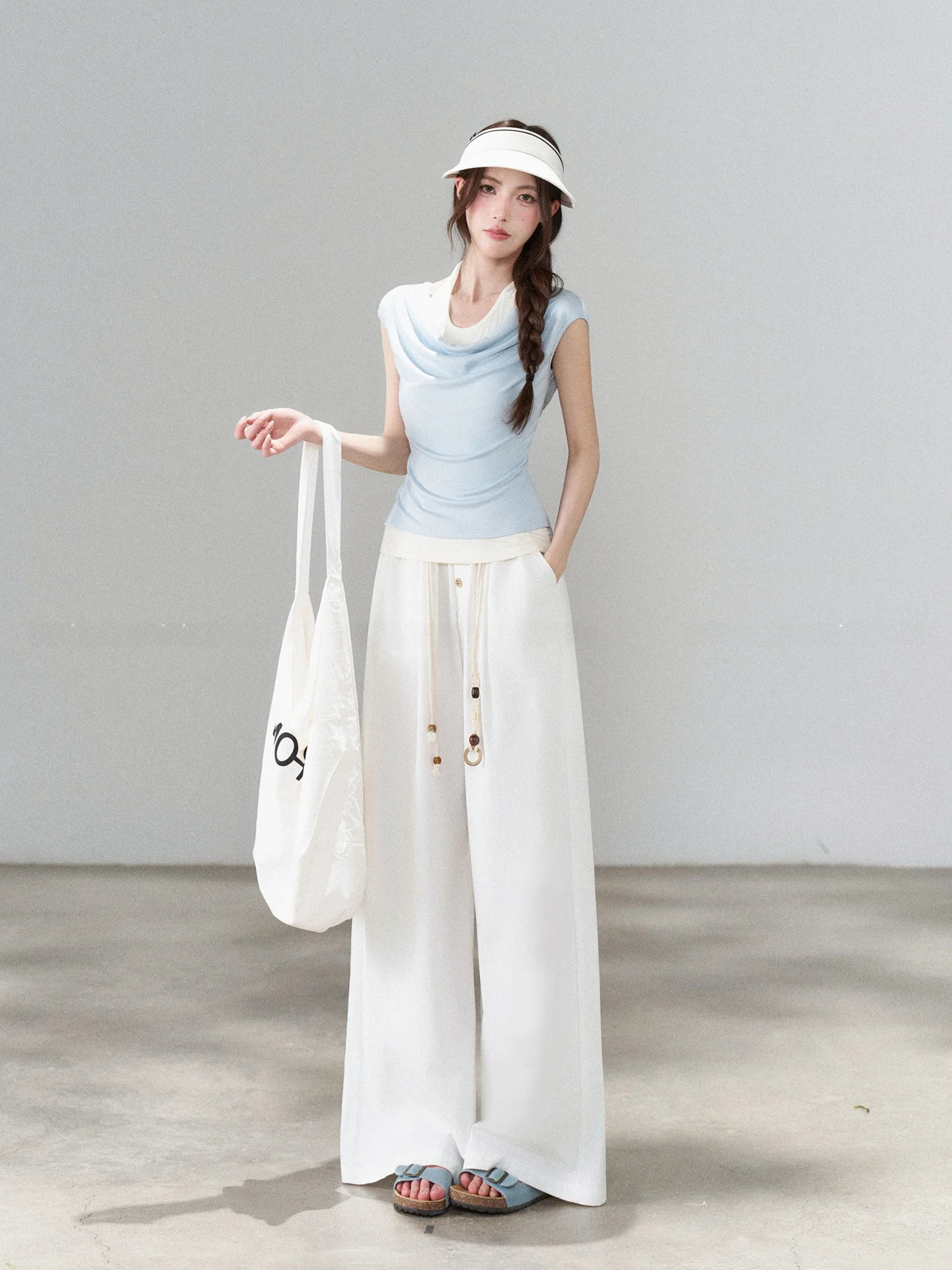 

Casual Loose Women's Two-Piece Set Summer Lazy T-Shirt Wide Leg Pants Ensemble V-Neck Short Sleeve High Waist Anti-Wrinkle
