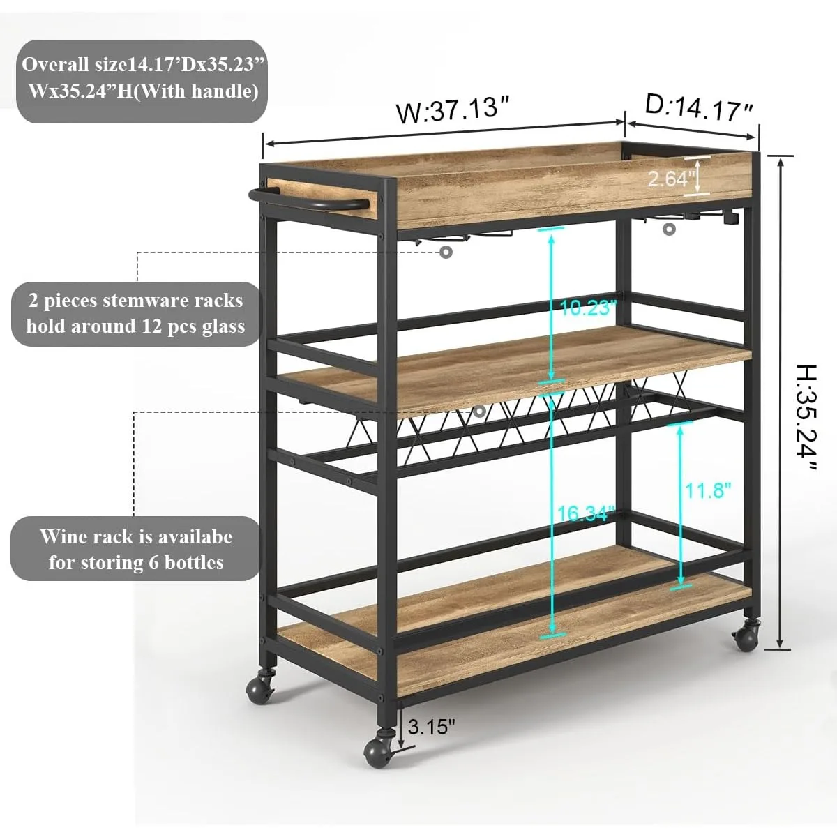 BON AUGURE Bar Cart for The Home Serving Carts on Wheels 3 Tier Storage Drink Trolley Rolling Wood Metal Liquor Beverage Cart