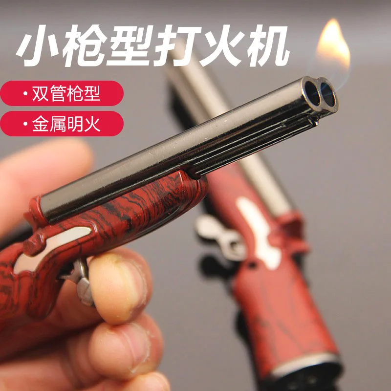 Long Style Dual Nozzle Inflatable Lighter, Metal Clear Flame Butane Gas Lighter, Cigarette Accessories, Men's Small Gift