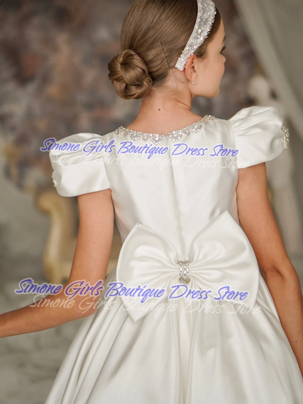 퍼프 슬리브 O 넥 반팔 진주 장식 새틴 플라워 걸 드레스 댄스 공연 첫 성찬식 생일