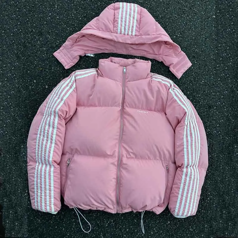 Loose Short Puffer Coat Removable Hood Side Zip Pocket Sport Striped Sleeve Winter Outerwear