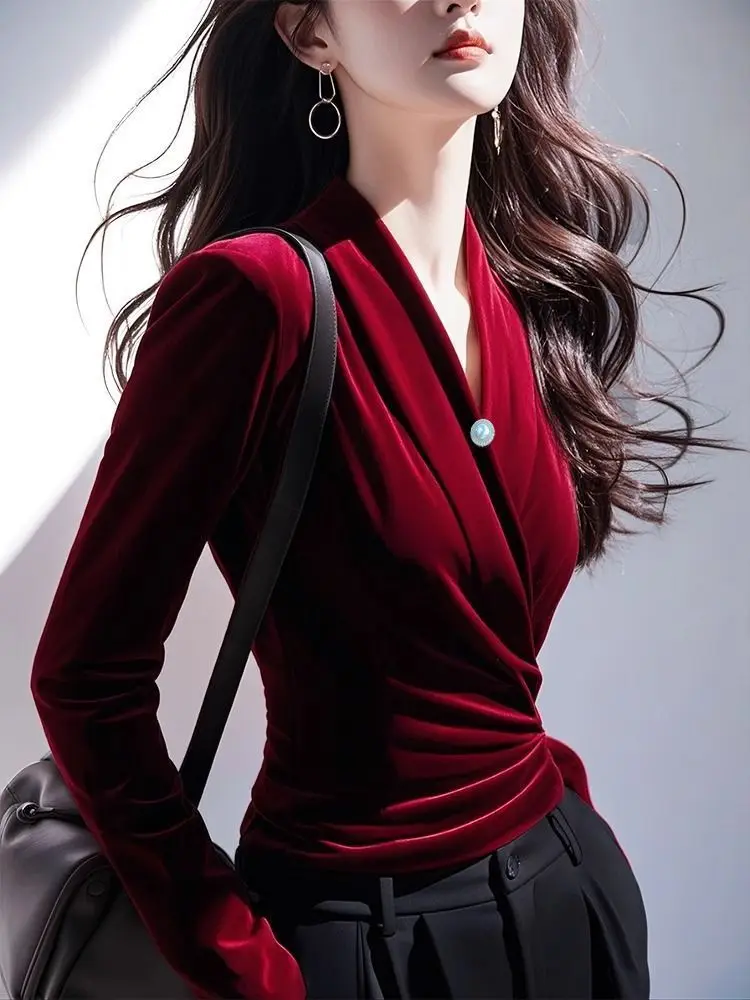 

Женская футболка из бархатной основы с v-образным вырезом и длинными рукавами 2025 года, однотонная, простая, модная, TT678