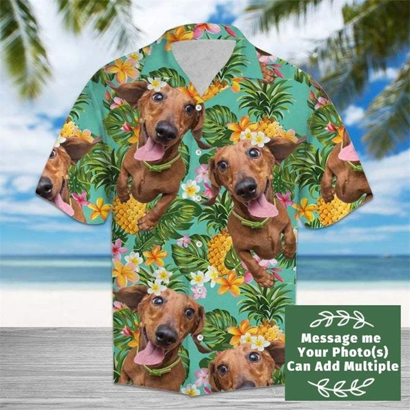 Hawaii Funny Shirt For Men Dachshund 3d Print Summer Loose Hawaiian Beach Tops Casual Short Sleeve Lapel Blouse Male Clothing