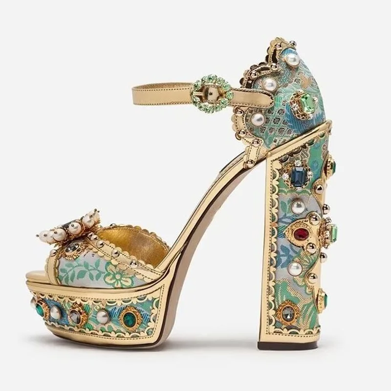 

Women Gold Floral Lace Sandals Peep Toe Ankle Strap Crystal Pearl Decoration Wedding Shoes Bride