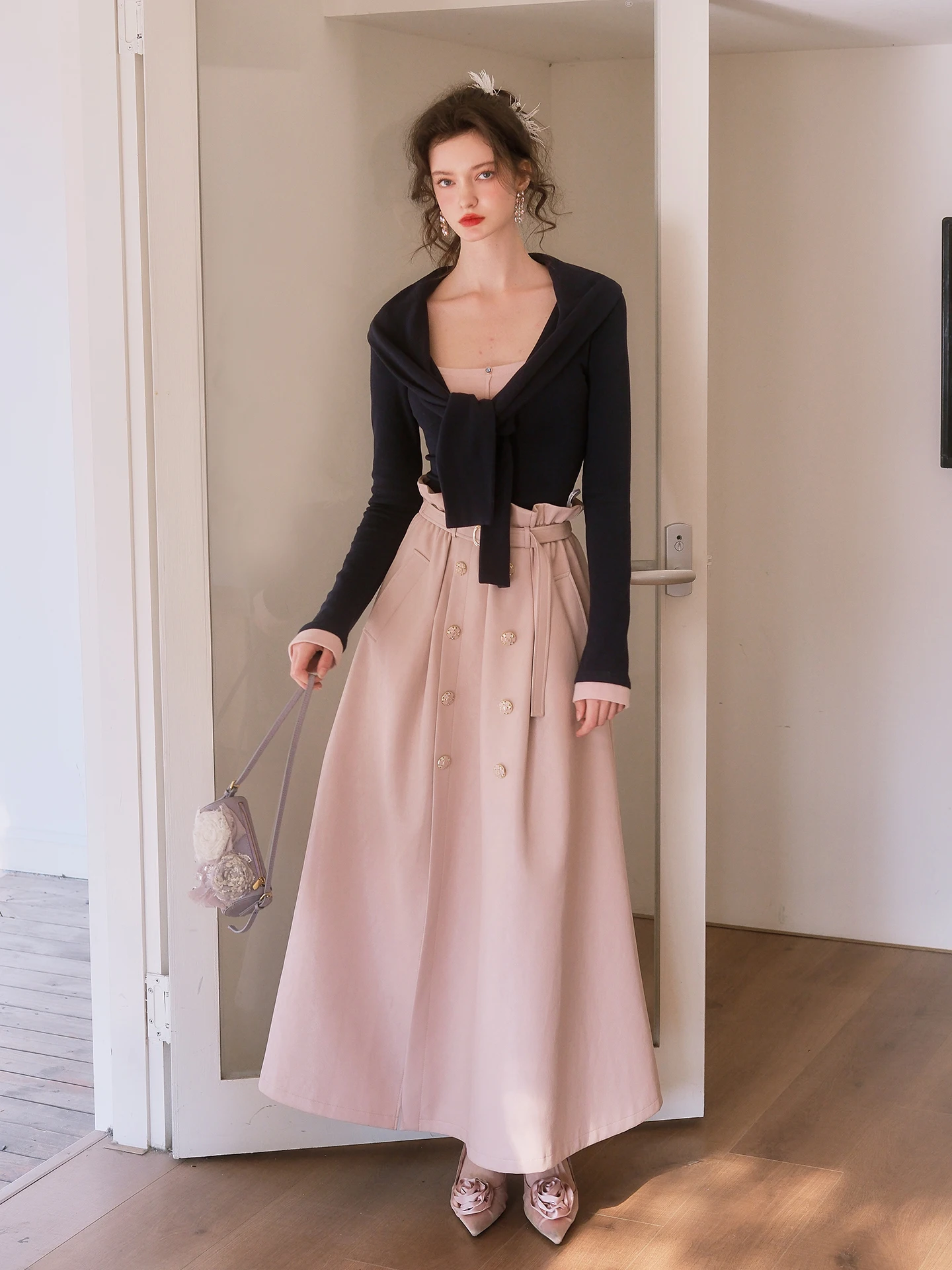 

Комплект юбки и топа Peter Pan Uncle's Irley Pink Mirror College Sle f для женщин с воротником-стойкой и деревянной отделкой