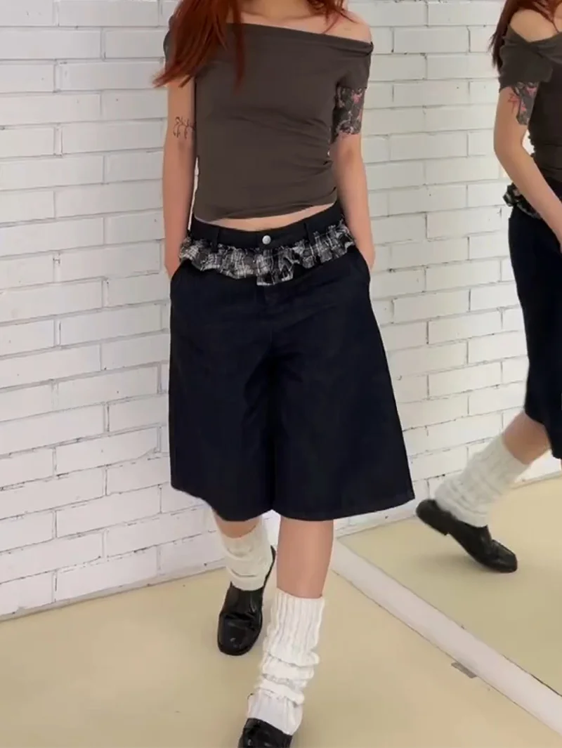 

Женские джинсы с высокой талией в стиле ретро, американские, прямые, из денима, с эффектом потертости, с клетчатыми вставками, модель 2026 года, новые, с пэчворком, брюки-пятиточки