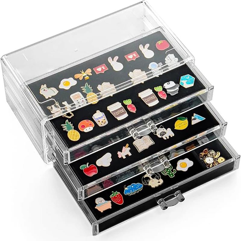 

Pin Display Box, 3 Drawers Enamel Pin Display Box Dustproof Pin Collection Display Clip Pin Storage Rack