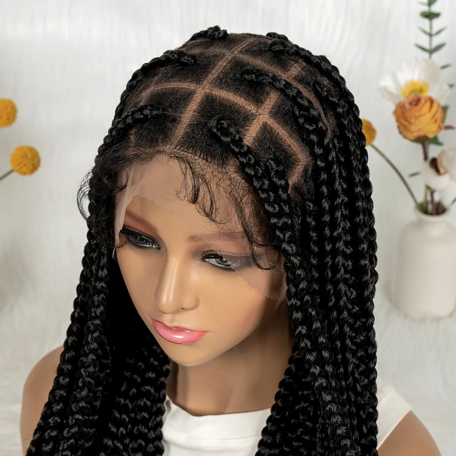 Perruques tressées synthétiques sans nœuds de 36 pouces, perruques Full Lace Front naturelles tressées pour femmes noires